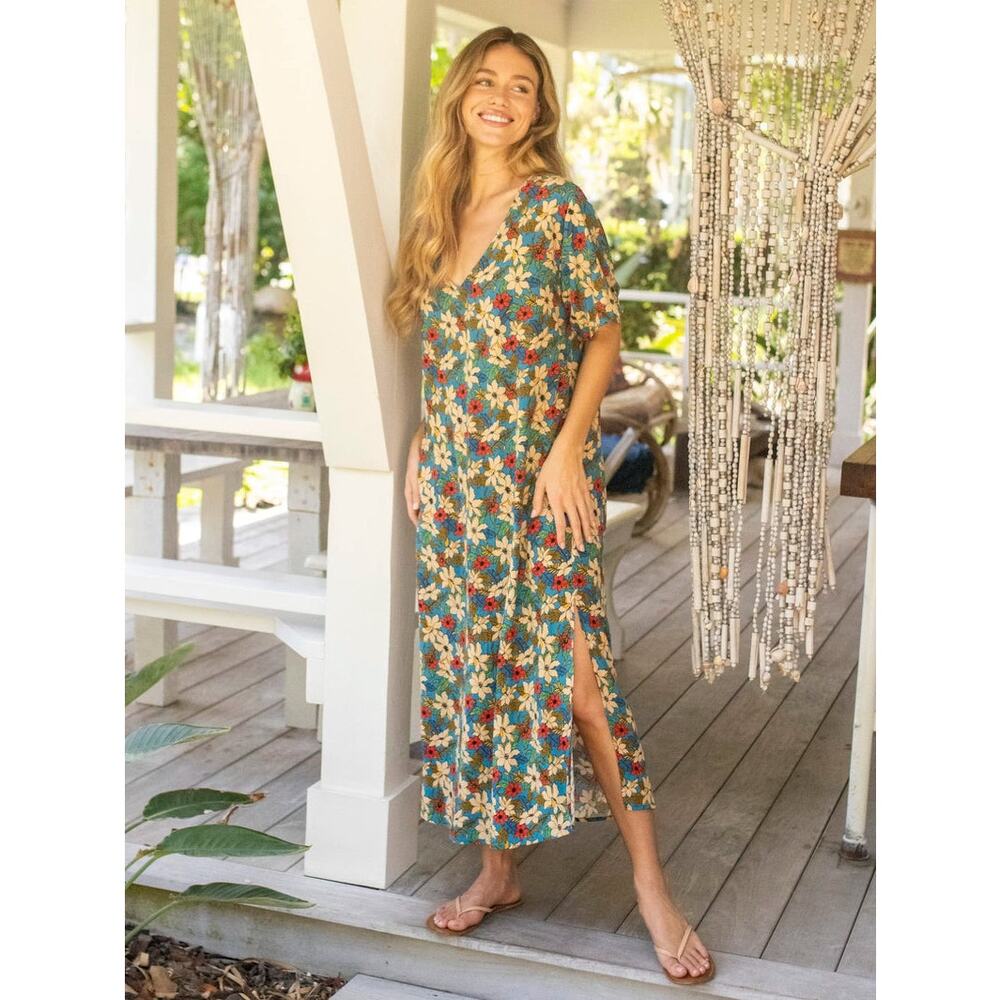 Natural Life Claire Maxi Dress Blue Tan Lilies V-Neck Flowy Sz L  Floral Boho